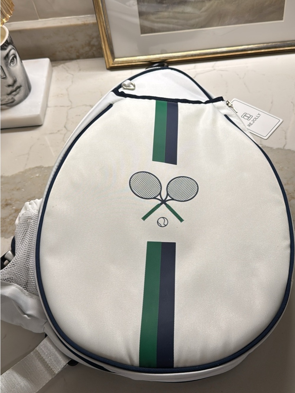 White Tennis Racket Backpack with Green & Navy Stripes